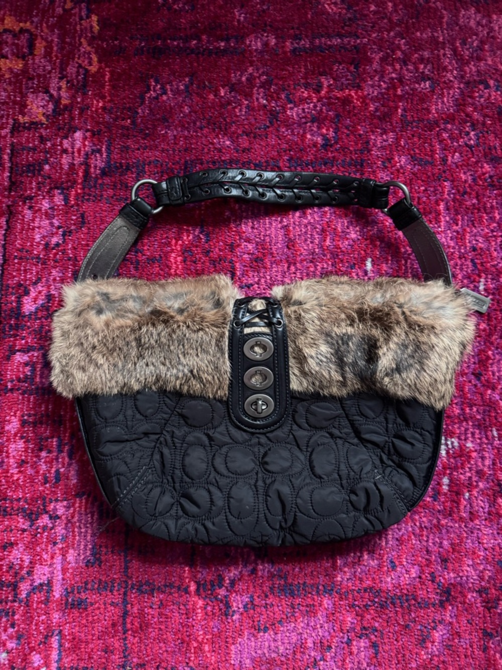 Vintage Coach SoHo Ski Bunny Black Quilted Shoulder Bag with Rabbit Fur Trim